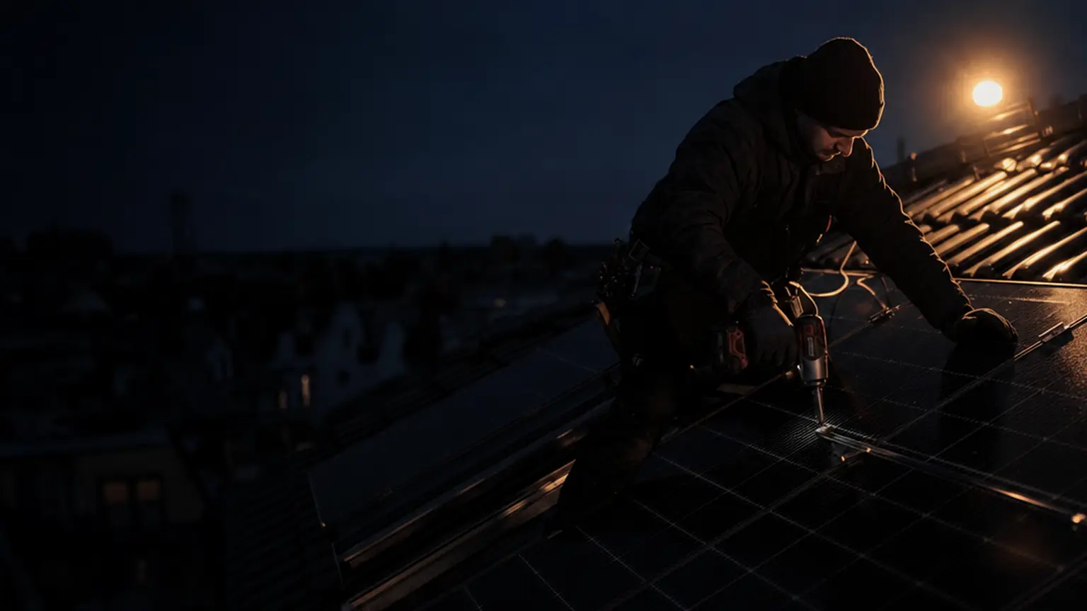 Solar panels on a house roof at dusk with warm light